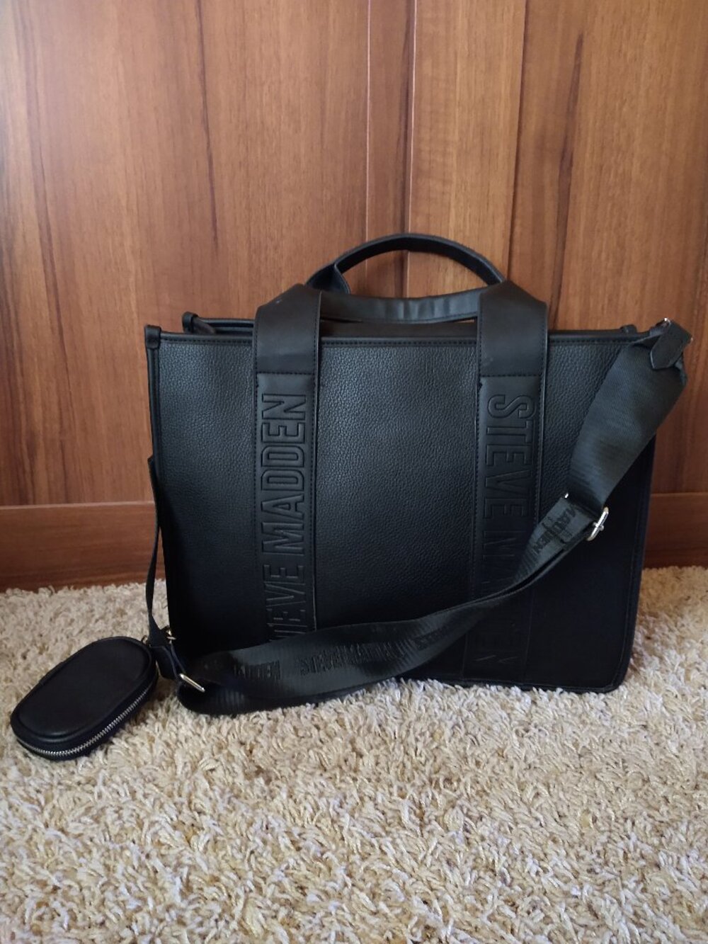 Steve Madden Black Tote Bag with Crossbody Strap + Pouch
